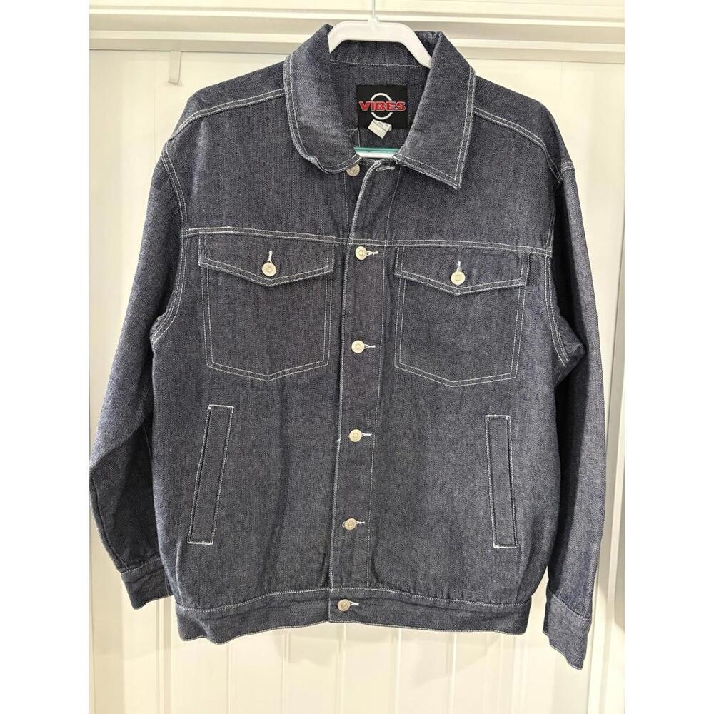 Vibes Men’s Vintage Denim Jacket Size Medium Blue Trucker Baggy Y2K 90s Skater
